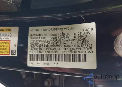 2018 Honda Accord Touring from USA, damaged, VIN 1HGCV1F92JA157973